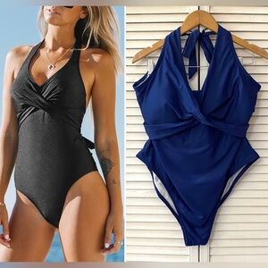 🆕 Cupshe Swimsuit Womens 3X Solid Navy Blue Halter One Piece Bathing Suit NWT
